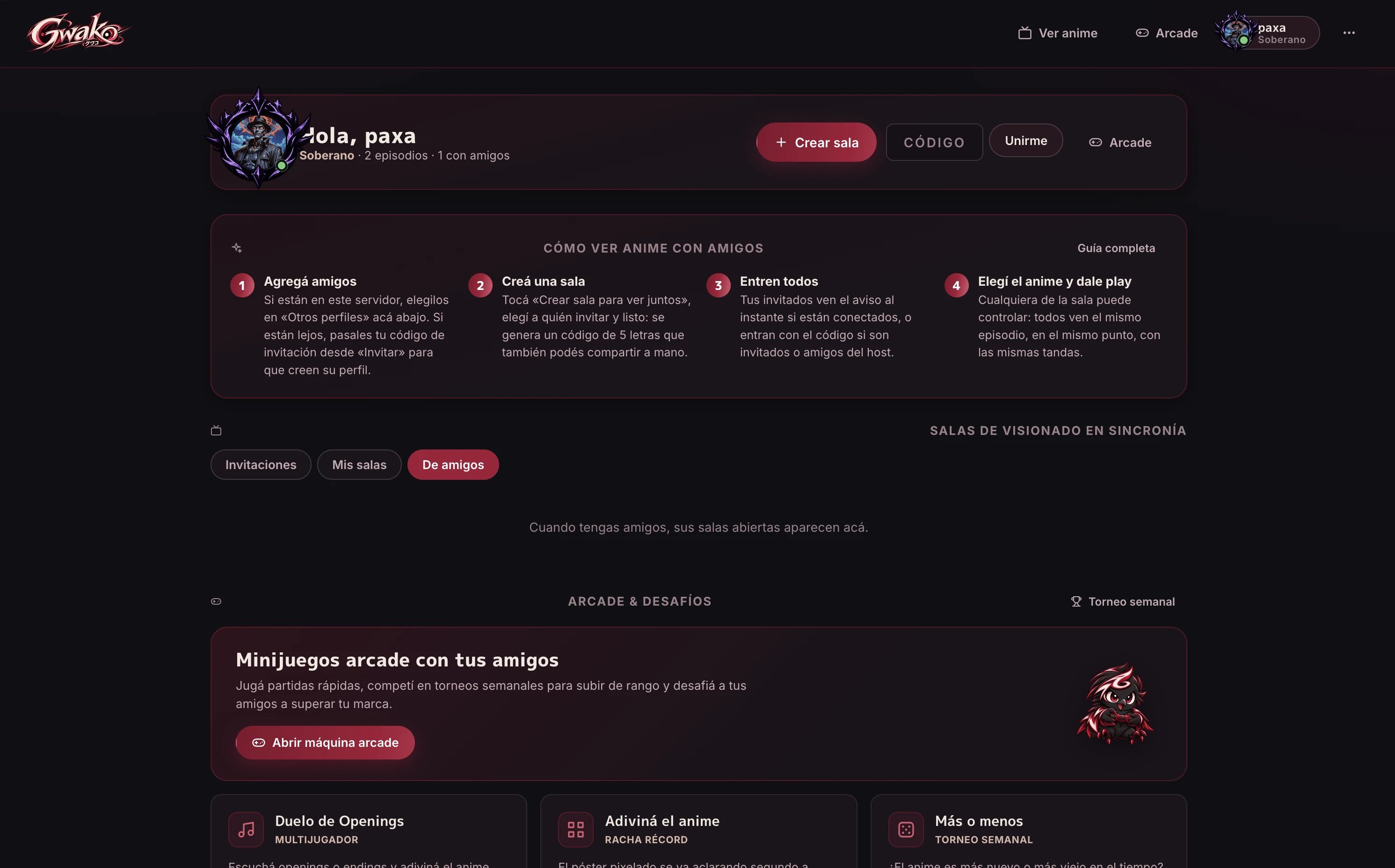 Captura real de Ver Juntos con creación de salas, invitaciones y arcade