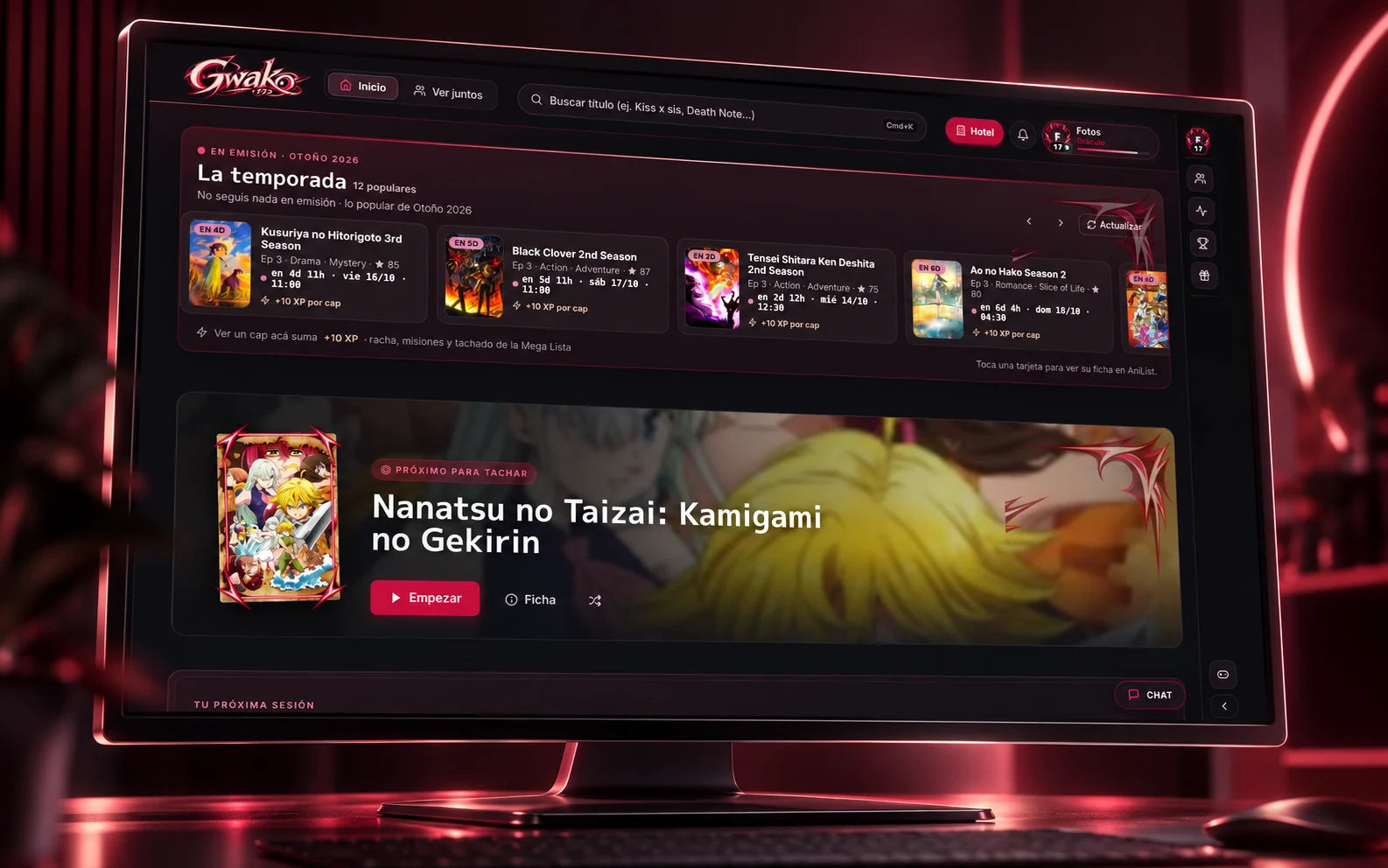 Composición promocional de la pantalla de inicio de Gwako en un monitor